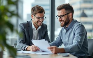 Responsable des ressources humaines échangeant calmement avec un salarié avant une mission à l’étranger dans un bureau moderne, ambiance professionnelle apaisée.