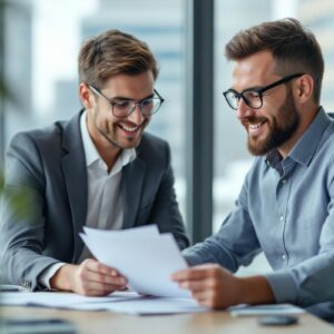 Responsable des ressources humaines échangeant calmement avec un salarié avant une mission à l’étranger dans un bureau moderne, ambiance professionnelle apaisée.