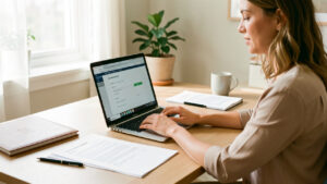 Une salariée prépare son inscription en ligne avec un ordinateur portable et des documents de fin de contrat sur un bureau lumineux.