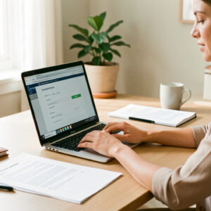 Une salariée prépare son inscription en ligne avec un ordinateur portable et des documents de fin de contrat sur un bureau lumineux.