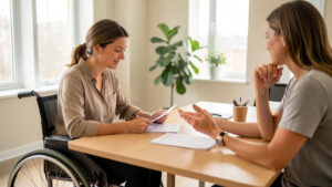 Une femme en fauteuil roulant prépare un entretien d’embauche avec une conseillère emploi dans un bureau lumineux, en consultant des documents vierges.