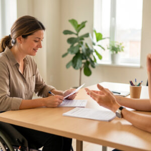 Une femme en fauteuil roulant prépare un entretien d’embauche avec une conseillère emploi dans un bureau lumineux, en consultant des documents vierges.