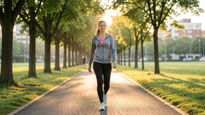 Une femme adulte en tenue de sport marche avec assurance dans un parc urbain au petit matin, sous une lumière dorée et encourageante.