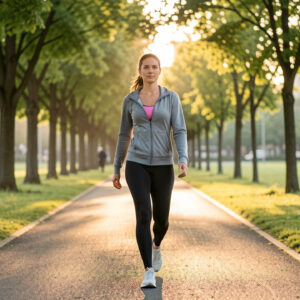 Une femme adulte en tenue de sport marche avec assurance dans un parc urbain au petit matin, sous une lumière dorée et encourageante.