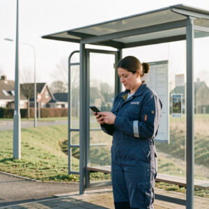 Une femme en tenue de travail consulte son téléphone à un arrêt de bus dans une zone périurbaine lumineuse.