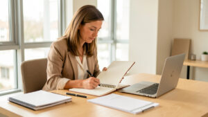 Une femme salariée travaille sereinement sur un carnet de projet à son bureau, entourée d’un ordinateur portable, d’un agenda et de documents professionnels dans un espace lumineux.