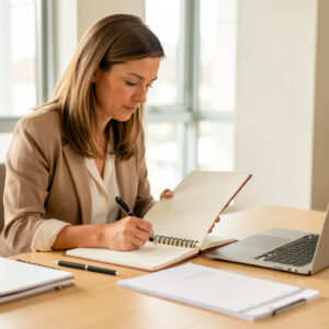 Une femme salariée travaille sereinement sur un carnet de projet à son bureau, entourée d’un ordinateur portable, d’un agenda et de documents professionnels dans un espace lumineux.