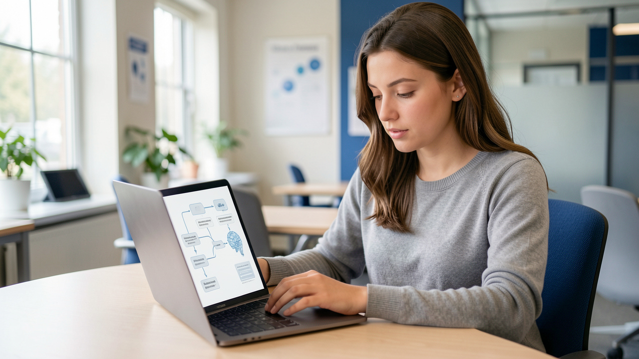 Jeune femme dans un centre d’orientation consultant sur un ordinateur des parcours de formation et des graphiques abstraits liés à l’intelligence artificielle.