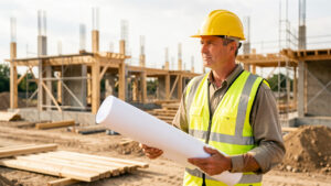 Homme de plus de 40 ans en reconversion professionnelle sur un chantier extérieur, portant un casque et tenant des plans vierges, photographié dans une lumière naturelle au style éditorial réaliste.