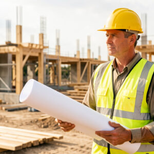 Homme de plus de 40 ans en reconversion professionnelle sur un chantier extérieur, portant un casque et tenant des plans vierges, photographié dans une lumière naturelle au style éditorial réaliste.
