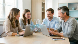 Quatre salariés, deux femmes et deux hommes, collaborent dans un bureau lumineux autour d’ordinateurs pour tester un outil d’intelligence artificielle dans une ambiance rassurante.