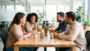 Équipe diverse réunie autour d’une table dans un bureau moderne et lumineux, échangeant de manière bienveillante.