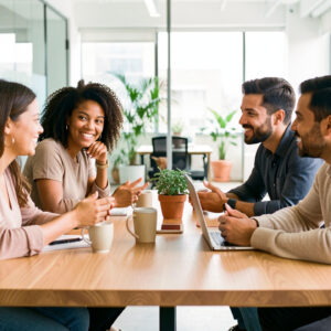 Équipe diverse réunie autour d’une table dans un bureau moderne et lumineux, échangeant de manière bienveillante.