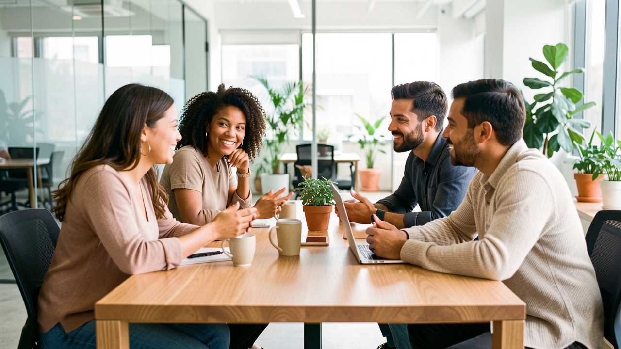 Équipe diverse réunie autour d’une table dans un bureau moderne et lumineux, échangeant de manière bienveillante.