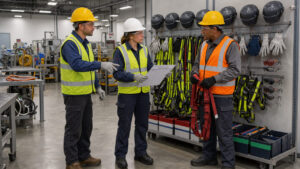 Une gestionnaire et deux employés inspectent un atelier propre et organisé, vêtus d’équipements de protection individuelle.