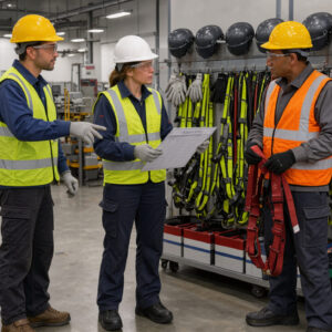 Une gestionnaire et deux employés inspectent un atelier propre et organisé, vêtus d’équipements de protection individuelle.