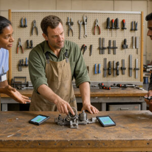 Une professionnelle du soin, un artisan et un technicien de maintenance échangent autour d’un établi dans un atelier lumineux, avec des outils numériques discrets.