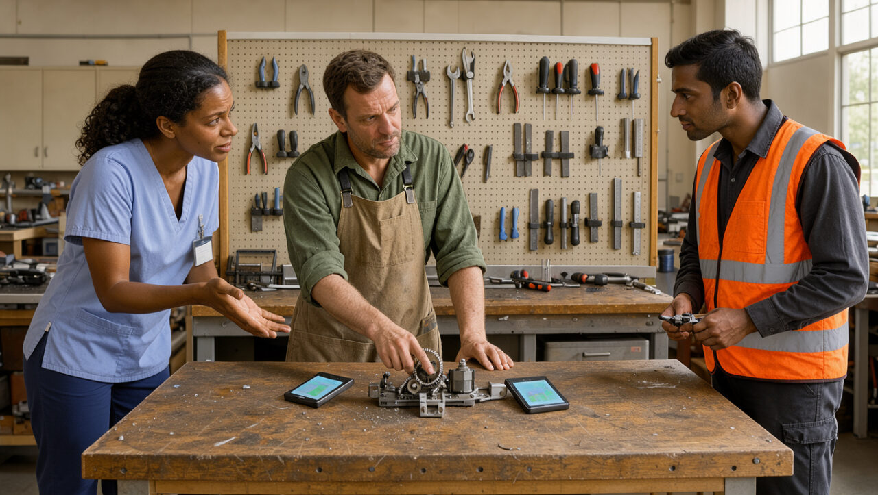 Une professionnelle du soin, un artisan et un technicien de maintenance échangent autour d’un établi dans un atelier lumineux, avec des outils numériques discrets.