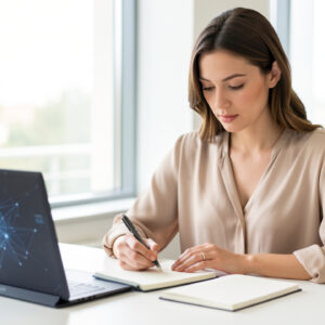 Une salariée analyse ses tâches dans un carnet vierge à côté d’un ordinateur affichant une interface abstraite d’intelligence artificielle, dans un bureau lumineux.