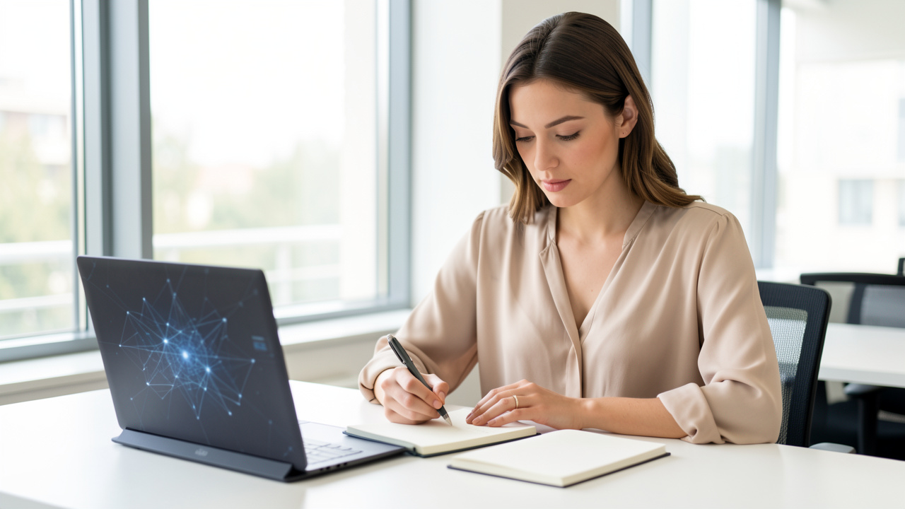 Une salariée analyse ses tâches dans un carnet vierge à côté d’un ordinateur affichant une interface abstraite d’intelligence artificielle, dans un bureau lumineux.