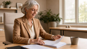 Une salariée senior consulte des documents liés à sa retraite et à son contrat de travail dans un bureau lumineux.