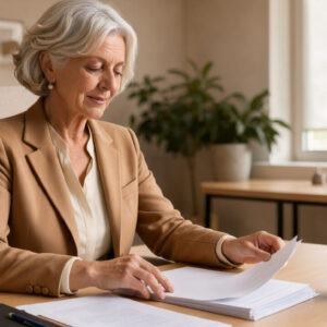 Une salariée senior consulte des documents liés à sa retraite et à son contrat de travail dans un bureau lumineux.