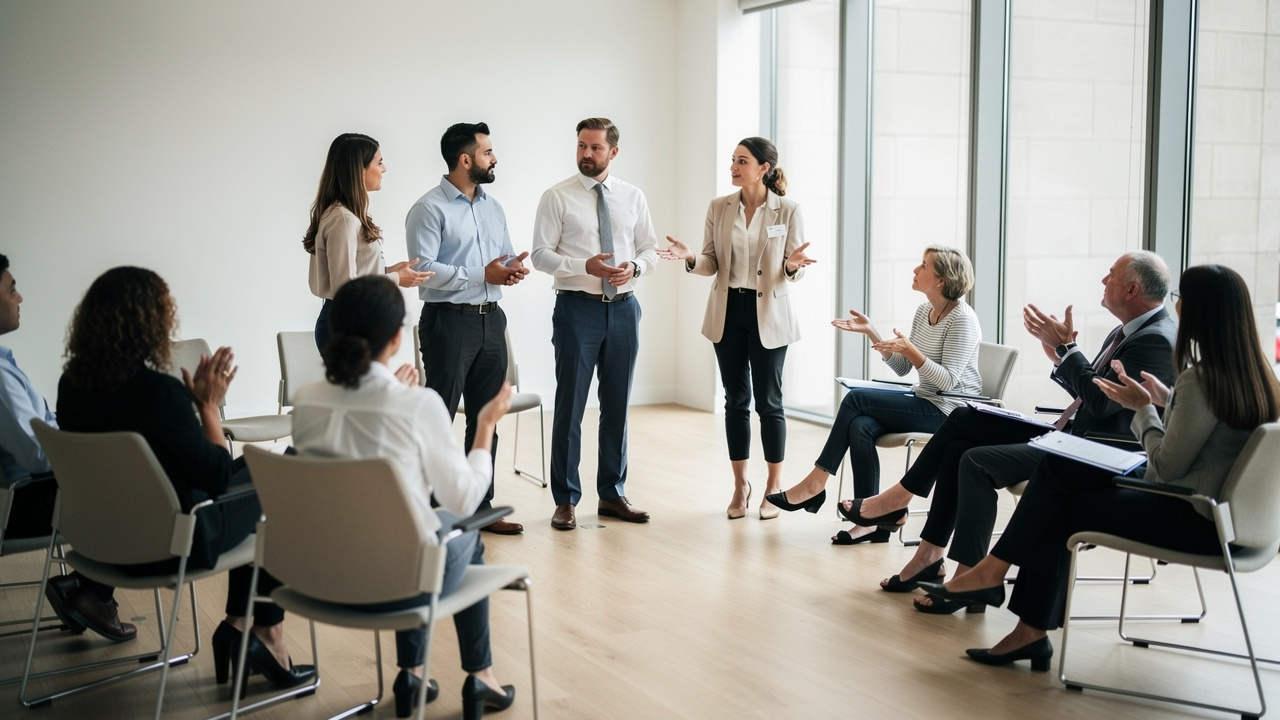 Scène de théâtre interactif en entreprise, avec deux comédiennes, deux comédiens et plusieurs salariés échangeant dans une salle de formation lumineuse.