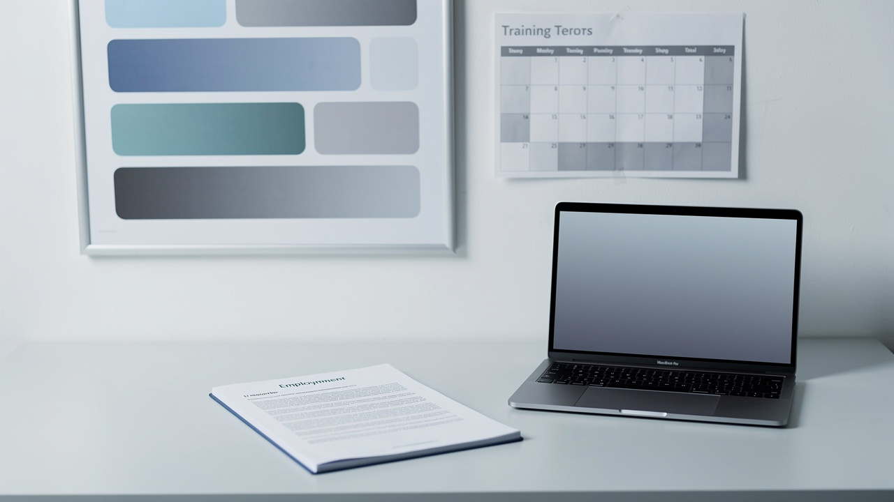 Espace de travail professionnel présentant un tableau de planification, un calendrier de formation abstrait, un document vierge et un ordinateur portable.